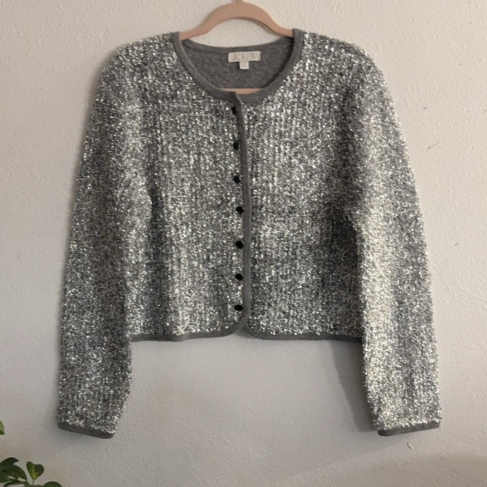 J.Crew CE724 Button-front Cardigan M Silver Grey Sparkly‎ Lambswool - Picture 2 of 11
